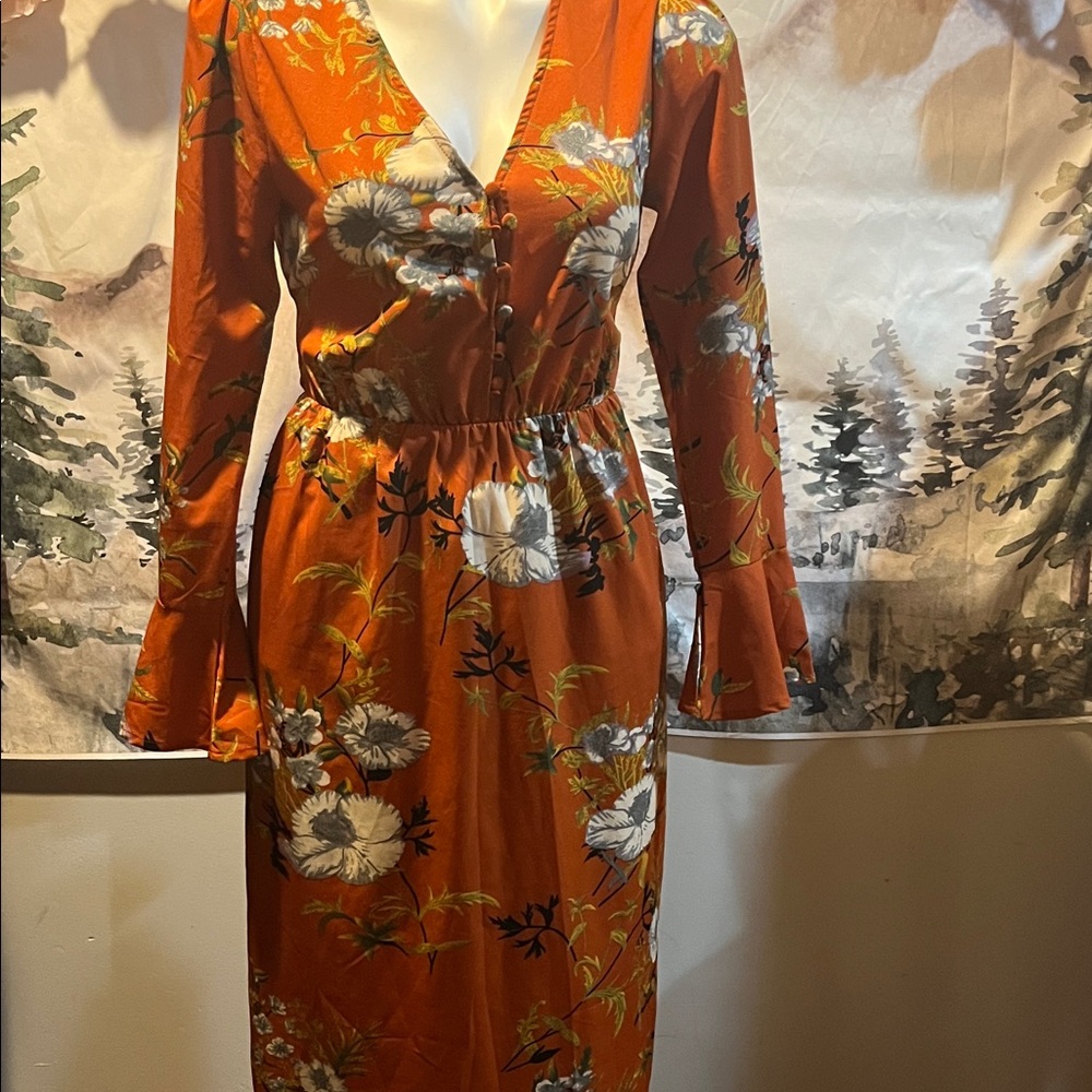 Promesa Long Sleeve Floral Dress in Orange and White